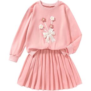 MakeMeChic Girl's 2 Piece Outfits Cute Floral Bow Crew Neck Sweatshirt and Mini Pleated Skirt Set