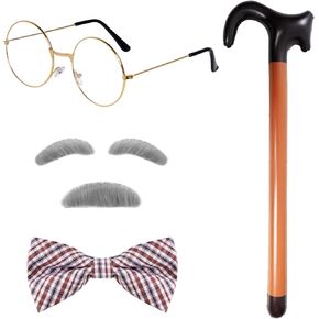Old Man Costume for Men Grandpa Accessories Glasses Bowtie Inflatable Cane Moustache Eyebrows for 100th Day of School