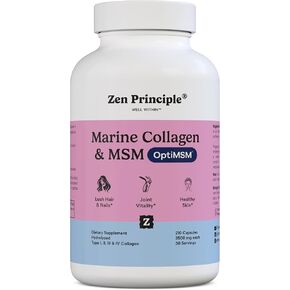 مسحوق ببتيدات الكولاجين البحري من Zen Principle مع مكمل OptiMSM®. تم اختباره سريريًا لدعم البشرة. الأسماك التي يتم اصطيادها من البرية، غير معدلة وراثيًا. 210 كبسولة.