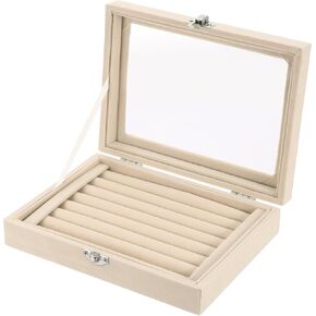 uxcell Velvet Ring Jewelry Box Organizer, 7 Slots Jewelry Display Case with Glass Lid Jewelry Earrings Necklace Rings Organizer Tray for Wife and Women (Beige)