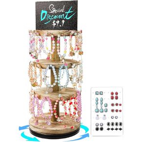Bracelet Holder, 3-Tier Wooden Rotating Display Stand Compatible with Bracelets/Keychains/Jewelry, 36 Hooks Vendor Booth Display with Advertising Board, Brown (Attached Earring Holder Organizer)