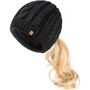 Merino Wool Blend Messy Bun High Ponytail Hole Fleece Lined Beanie Winter Hat Big Head Women