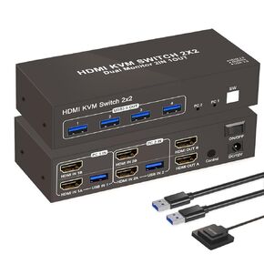 HDMI KVM Switch 2 Monitors 2 Computers, Dual Monitor HDMI 2 Ports USB 3.0 4 Ports KVM Switcher 4K 60Hz HDMI Switches 2 PC or 2 Laptops Share 1 Set of Keyboard Mouse Printer and Scanner