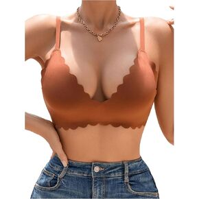 OYOANGLE Women's Scallop Trim Seamless Wireless Bras V Neck Spaghetti Straps Comfy Everyday Bralettes