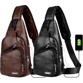 Peicees Pack of 2 Large Leather Sling Bag Mens Crossbody Bag Chest Bag Sling Backpack for Men with USB Charge Port, Dark Brown&Black