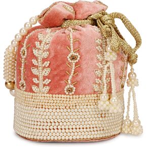 Indian Ethnic Clutch Silk Potli Batwa Pouch Bag with Beadwork Gift For Women (Peach-1)