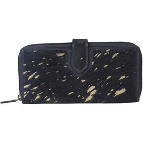 Black Dust Zipper Leather Wallet - Fuzzy Fur Hair On Clutch for Women