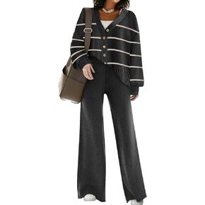 Womens Two Piece Outfits Sweater Sets Open Front Knit Cardigan and Wide Leg Pants Sweatsuit Lounge Sets