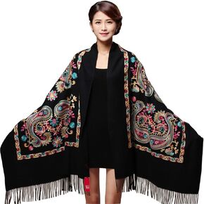 Women's Fashion Long Shawl, Classic Tassel Soft Scarf Retro Hand embroidery Large Blanket Wrap Shawl
