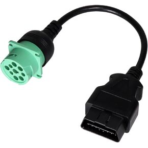 16 Pin Male to 9 Pin Female OBD2 OBDII to J1939 Green Type 2 Adapter Cable for Heavy Duty Trucks and Commercial Vehicles with OBD II Diagnostic Connector