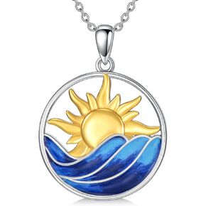 Waves with Sunrise Sunset Charm Necklace 925 Sterling Silver Boma Sun Pendant Necklace Sun and Wave Jewelry Mother's Day Gift for Mom Wife
