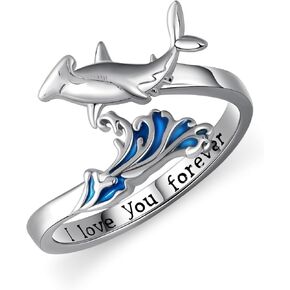 Shark Ring 925 Sterling Silver Hammerhead Shark Ring Ocean Ring Sea Animal Adjustable Open Ring Jewelry Shark Themed Gifts for Shark Lovers Women