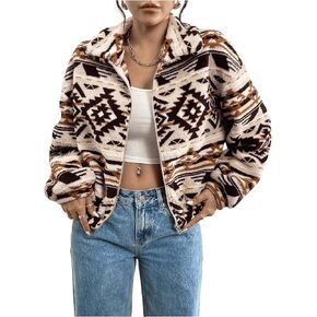 SOLY HUX Women's Fleece Jacket Zip Up Geometric Print Collar Long Sleeve Fuzzy Warm Outerwear Coat