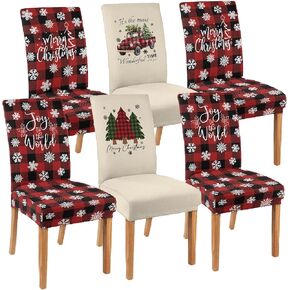 Christmas Chair Covers Set of 4 Snowman Red Truck Dining Chair Seat Cover Stretch Removable Xmas Chair Slipcover Protector for Xmas Dining Room Kitchen Home Decor