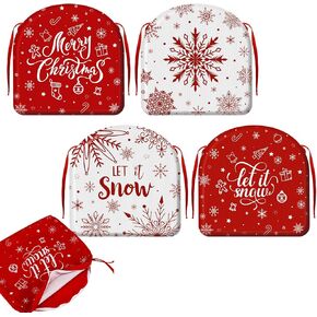 Barydat 4 Pcs Christmas U Shaped Seat Pad Covers 16 x 17 Inches Chair Seat Cushion Covers with Ties for Dining Chairs Red and White Chair Seat Covers Set of 4 for Christmas Holiday Decorations