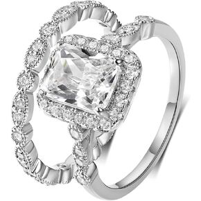 MDFUN Two-in-One Rectangle Cut Halo Engagement Rings Promise Ring Wedding Bands Set 18K White Gold Plated Rectangle Cubic Zirconia Eternity Band for Women Size 5-10