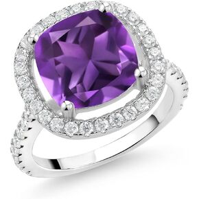 Gem Stone King 925 Sterling Silver 10MM Cushion Cut Gemstone Birthstone and White Moissanite Engagement Ring | Wedding Anniversary Promise Ring For Women | Ring Size 5-9