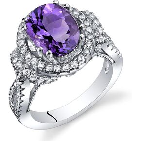 PEORA Amethyst Gallery Ring for Women 925 Sterling Silver, Genuine Gemstone Birthstone, Large 2.25 Oval Shape 10x8mm, Sizes 5 to 9
