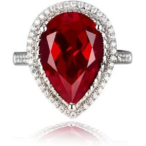 ASFKIPMF Halo Teardrop Pear Shape Simulated Cubic Zirconia Bridal Ring Ruby Garnet Ring 925 Sterling Silver AAA Zircon Red Gem pear Shaped Rhodium Plated Promise Ring for Her Valentine's Day Size 5