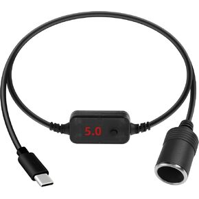 RIIEYOCA PD USB C Male to Cigarette Lighter Socket Converter Cable,5V to 20V Type C Cigarette Lighter Female Adapter with Adjustable Voltage Button for Dash Cam,GPS (0.3M/1FT)