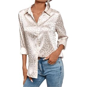 WDIRARA Women's Satin Leopard Button Down Shirt Long Sleeve Blouse Top