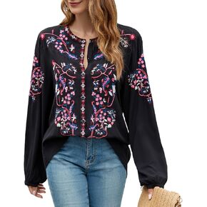Womens Long Sleeve Shirts Fall Tops Embroidered Blouses Casual Loose Peasant Tunic Mexican Trendy Clothes 2024