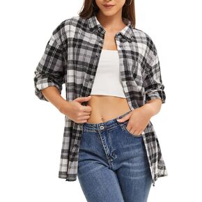 MAXJON Women's Flannel Shirts for Women Long Sleeve Plaid Shacket Loosefit Button Down Shirts Casual Blouse Top