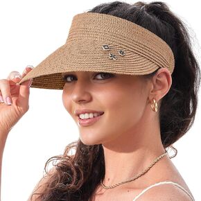 Straw Visor Hat for Women Adjustable Foldable Beach UV Sun Protection Packable Hats, Wide Brim, Allowing A Ponytail or Braid