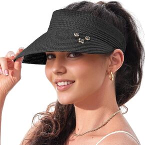 Straw Visor Hat for Women Adjustable Foldable Beach UV Sun Protection Packable Hats, Wide Brim, Allowing A Ponytail or Braid in Saudi Arabia