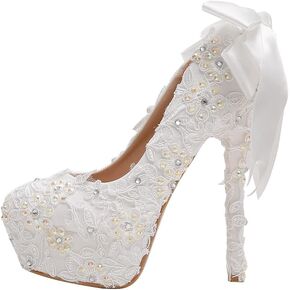 White Bow Bridal Shoes Super high Heel Platform Stiletto Rhinestone lace Wedding Shoes Women's Single Shoes Medium Heel Shoes Low Heels