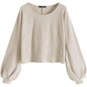 ZAFUL Women Ribbed Knit Long Sleeve Tops Shirts Lantern Sleeve Oversized Pullover Crop Sweater