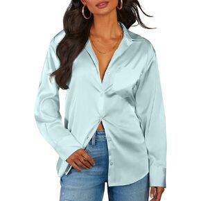 CBOO Women Elegant Satin Blouses Shirts, Soft Silk Shirts Top, Satin Button Down Shirts, Office Long Sleeve Blouse Shirt