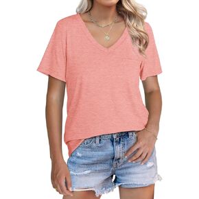 WIHOLL Womens Tops Short Sleeve V Neck Tshirts with Mock Up Pocket Fahion Summer Clothes Loose Fit