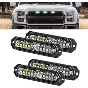 Upgraded Waterproof Led Strobe Lights for Trucks White Green, 12 Led, Emergency Surface Mount Grill Grille Light, Mini Warning Flashing Bar for Dodge Ford Toyota Tacoma Truck, 4pc Pack
