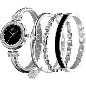 CdyBox Women Crystal Watch with 3 Bracelets Set Quartz Wrist Watches Bangle Jewelry 4pcs/Set for Ladies