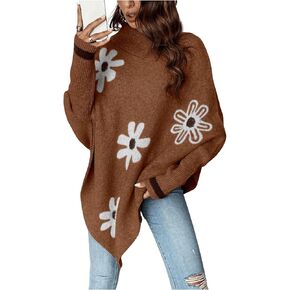 Women's Floral Pattern Poncho Sweater Long Sleeve Turtleneck Oversized Sweater Asymmetrical Pullover Top