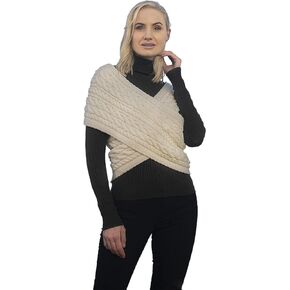 Women's Aran Cable Crossover Wrap Sweater 100% Merino Wool V-Neck with Buttons