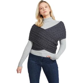 Women's Aran Cable Crossover Wrap Sweater 100% Merino Wool V-Neck with Buttons