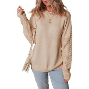 Dokotoo Womens Sweaters Casual Ribbed Crewneck Long Sleeve Solid Cable Knit Loose Fit Pullover Sweater Tops
