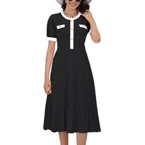 ETCYY Women's Casual Midi Dress 2024 Spring Short Sleeve Sweater Dress Button Church Pleated A Line Ribbed Knit Dresses
