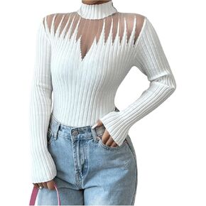 سترة نسائية من MakeMeChic برقبة وهمية شبكية وأكمام طويلة بلوفر ملائم