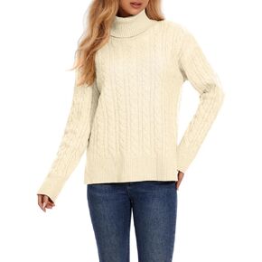 ZANZEA Turtleneck Sweater Women Long Sleeve Oversized Pullover Spilt Hem Chunky Cable Knit Jumper Fall Sweaters 2024