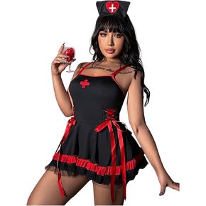 MakeMeChic Women's Plus Size 2 Piece Nurse Costume Set Lace Up Babydoll Roleplay Lingerie Sets with Headpiece