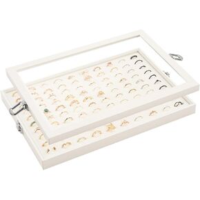 Lolalet Jewelry Organizer Tray with Lid, 18 Hooks Velvet Necklace Organizer Holder Storage Box for Drawer -Beige