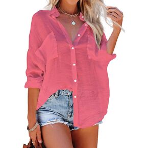 Bsubseach Button Down Swim Cover Up Shirt Sexy Long Sleeve Beach Blouse Bathing Suit Cover Ups for Women