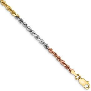 Roy Rose Jewelry 14K Tri-Color Gold 2.9mm Diamond-cut Rope Chain Bracelet ~ Length 8'' inches