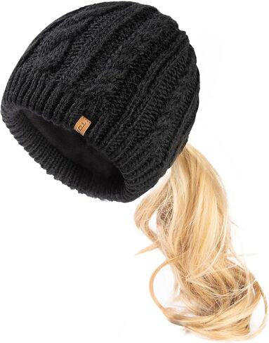 Merino Wool Blend Messy Bun High Ponytail Hole Fleece Lined Beanie Winter Hat Big Head Women in Kuwait