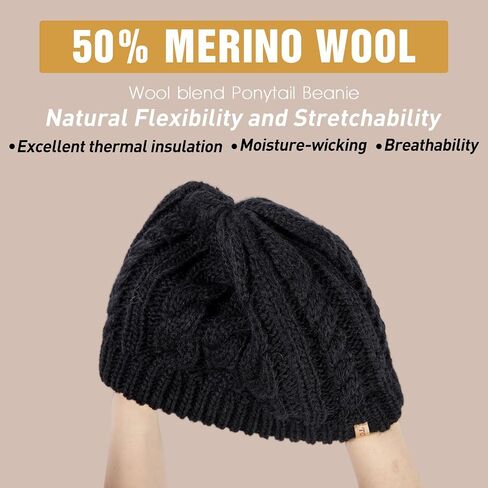 Merino Wool Blend Messy Bun High Ponytail Hole Fleece Lined Beanie Winter Hat Big Head Women in Kuwait