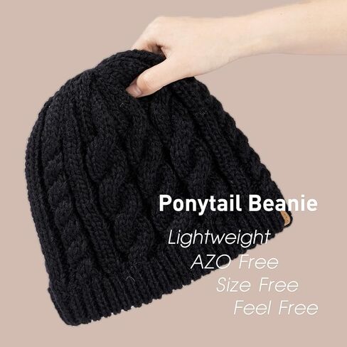Merino Wool Blend Messy Bun High Ponytail Hole Fleece Lined Beanie Winter Hat Big Head Women in Kuwait