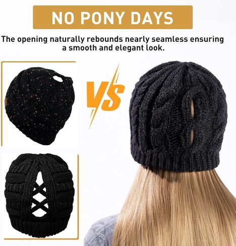 Merino Wool Blend Messy Bun High Ponytail Hole Fleece Lined Beanie Winter Hat Big Head Women in Kuwait